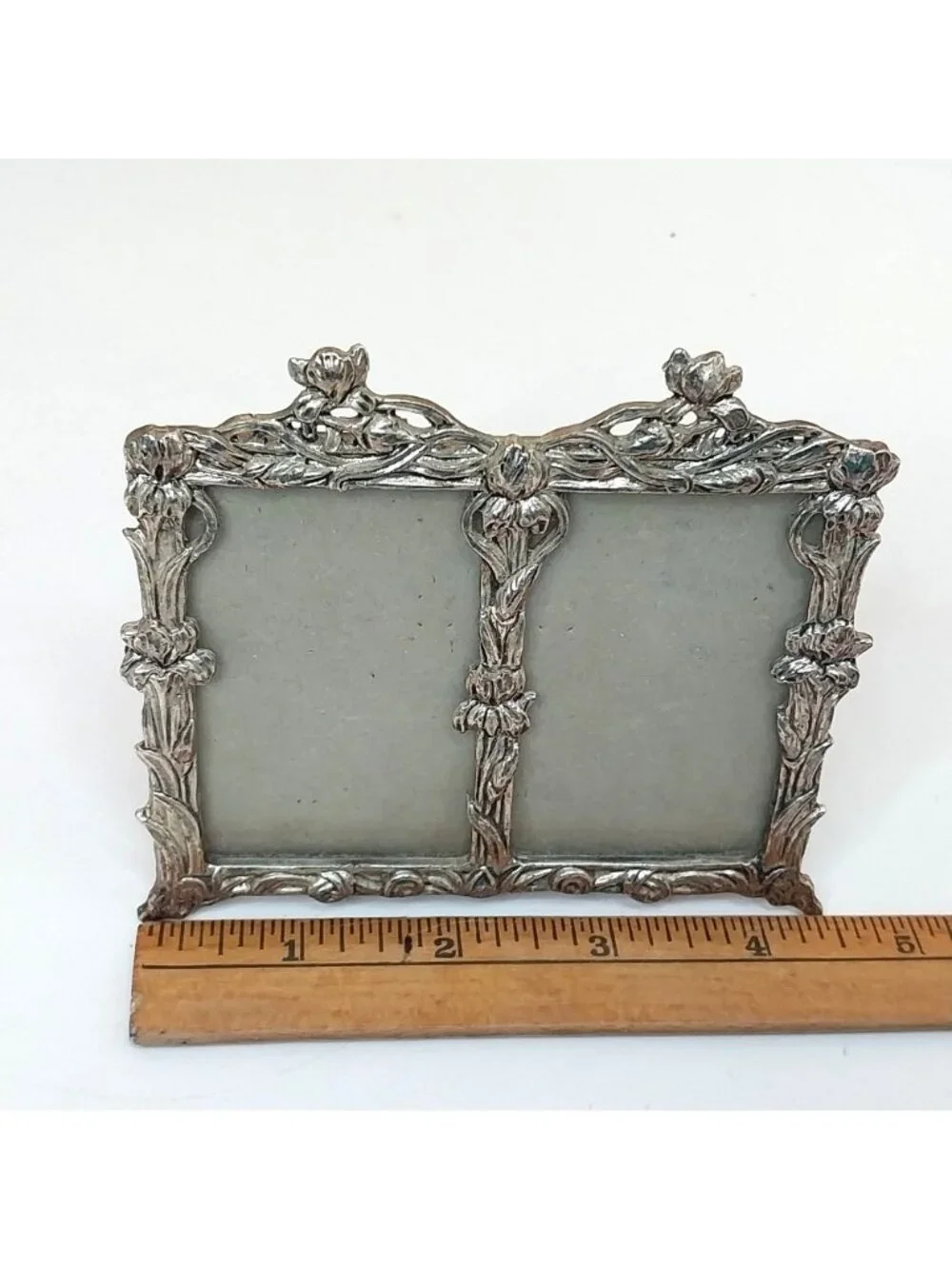 Vintage Pewter Double Picture Frame Ornate Floral Art Nouveau Fits 2